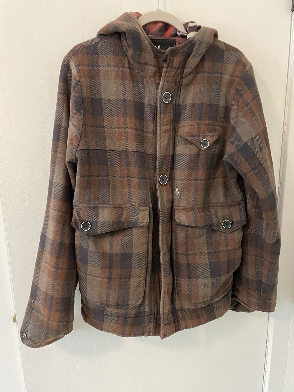Volcom Men's Sz M Cotton Plaid Hooded Jacket Wild Graphic Lining AS-IS Y2K